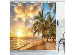 Abakuhaus Tenda Da Doccia Da Spiaggia, Spiaggia Tropicale Sabbiosa Con Orizzonte Al Tramonto E Foto Estiva Con Palme Da Cocco, 175 X 180 Cm, Blu Crema