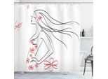 Abakuhaus Tenda Da Doccia Con Animali, Ragazza Con Vestito E Ornamenti Floreali, Farfalle E Frange Artistiche, 175 X 200 Cm, Grigio Antracite E Rosso Cinabro