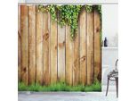 Abakuhaus Tenda Da Doccia Rustica, Erba Fresca Di Primavera E Foglie Su Una Vecchia Staccionata Di Legno, Foto Di Un Campo Giardino, 175 X 220 Cm, Verde Marrone