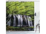 Tenda Da Doccia Abakuhaus Con Cascata, Idilliaca Foto Di Rocce Nere E Paesaggio Verde Con Acqua Sorgiva, 175 X 240 Cm, Bianco, Nero E Verde
