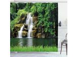 Abakuhaus Tenda Da Doccia Con Cascata, Doppia Cascata Che Scorre Verso Un Lago Verde Naturale Con Cespugli Ed Erba, Stampa Giardino, 175 X 240 Cm, Verde