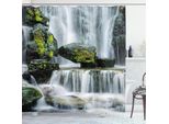 Abakuhaus Tenda Da Doccia Con Cascata, Maestosa Cascata Bloccata Da Enormi Rocce Ricoperte Di Muschio Foto, 175 X 220 Cm, Verde Bianco E Nero