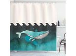 Abakuhaus Tenda Da Doccia Con Balena, Enorme Balena Che Nuota Sotto L'oceano Vicino A Un'isola Con Palme E Teschi Di Legno, 175 X 240 Cm, Verde E Blu