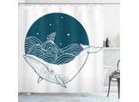 Abakuhaus Tenda Da Doccia Con Balena, Grande Balena Che Nuota In Un Oceano Ondulato Con Stelle E Stampa Grafica Di Antiche Navi, 175 X 240 Cm, Bianco Verde Acqua