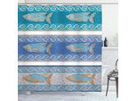 Tenda Da Doccia Abakuhaus Mosaic, Motivo Mosaico Orientale Con Pesci Dell'estremo Oriente E Motivi Ondulati Come Cornice, 175 X 220 Cm, Blu-Grigio