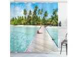 Abakuhaus Tenda Da Doccia Tropicale, Isola Delle Maldive Con Spiaggia, Piattaforma In Legno, Palme, Immagine Esotica Di Vacanza, 175 X 200 Cm, Verde Felce Turchese