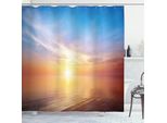 Abakuhaus Tenda Da Doccia Alba, Orizzonte Magico - Vista Sul Mare - Baia - Oceano - Fascino Costiero - Cielo - Immagine Estiva Tranquilla, 175 X 180 Cm, Arancione E Blu