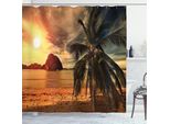 Abakuhaus Tenda Da Doccia Tropicale, Spiaggia Esotica Con Palma Da Cocco E Panorama Tranquillo Con Tramonto All'orizzonte, 175 X 240 Cm, Arancione E Verde Oliva