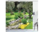 Abakuhaus Tenda Da Doccia Da Giardino, Stampa Rilassante In Stile Parco Giapponese Con Laghetto, Erba, Pietre E Alberi, 175 X 200 Cm, Verde