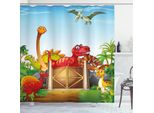 Abakuhaus Tenda Da Doccia Dino, Simpatici Dinosauri In Stile Cartone Animato In Un'illustrazione Che Raffigura Un Parco Dei Dinosauri, Una Giungla, Alberi E Habitat Animali, 175 X 220 Cm, Multicolore