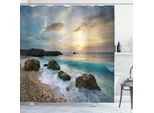 Abakuhaus Tenda Da Doccia Ocean, Composizione Naturale Con Vista Sul Mare, Cielo Nuvoloso, Onde Che Si Infrangono, Spiaggia Soleggiata, Foto, 175 X 180 Cm, Marrone, Blu, Giallo