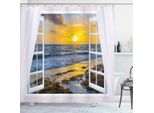 Abakuhaus Tenda Da Doccia Coastal, Apri La Finestra Sulla Vista Del Cielo Con Nuvole, Sole Nascente, Vista Sul Mare, Erba, Paesaggio Mattutino, 175 X 240 Cm, Multicolore