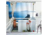 Abakuhaus Tenda Da Doccia Europea, Terrazza Festiva Con Vista Sul Mare Al Tramonto Architettura Sull'isola Di Santorini, Grecia, 175 X 180 Cm, Turchese E Blu