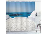 Abakuhaus Tenda Da Doccia Da Viaggio, Hotel Con Pietre Bianche, Isola Di Santorini, Grecia, Paesaggio Con Mare, 175 X 220 Cm, Turchese E Bianco