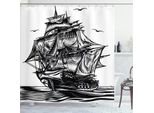 Abakuhaus Tenda Da Doccia Piratenschiff, Illustrazione In Stile Marittimo Con Barca A Vela Vintage Su Acque Esotiche, 175 X 180 Cm, Bianco E Nero