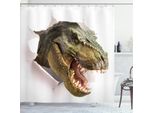 Abakuhaus Tenda Da Doccia Con Dinosauri, Pericoloso Dinosauro Che Strappa Il Murale Di Carta Raffigurante Un Paesaggio Desolato, 175 X 240 Cm, Verde Militare Bianco Verde