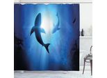 Abakuhaus Tenda Da Doccia Hai, Mondo Sottomarino Con Sagome Di Pesci Che Nuotano Nell'oceano Surreale, Stampa Con Motivi Marini, 175 X 180 Cm, Blu Reale