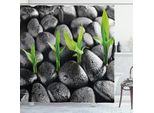 Abakuhaus Tenda Da Doccia Con Motivo Vegetale, Pietre Di Basalto Con Foglie Di Bambù E Gocce D'acqua, Armonia Della Natura, 175 X 180 Cm, Taupe Scuro E Verde Lime