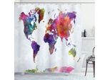 Abakuhaus Tenda Da Doccia Acquerellata, Mappa Del Mondo Multicolore Disegnata A Mano Asia Europa Africa America Stampa Geografica, 175 X 180 Cm, Multicolore
