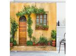 Abakuhaus Italia Tenda Da Doccia, Veranda Con Vari Vasi Di Fiori, Piante Verdi Fresche, Vita Di Città In Toscana, 175 X 240 Cm, Albicocca Verde Marrone