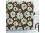 Abakuhaus Tenda Da Doccia Marrone E Blu, Motivo Retrò A Margherite Con Sfondo A Pois, 175 X 220 Cm, Marrone Chiaro, Verde Acqua, Terra D'ombra