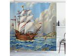 Abakuhaus Tenda Da Doccia Vintage Boat, Vecchia Nave A Vela Tema Storico Onde Mare Dipinto Costiero Stampa Vintage, 175 X 220 Cm, Multicolore