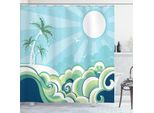 Abakuhaus Tenda Da Doccia Tropicale, Motivo Ondulato Con Palme Illustrazione Paesaggio Marino Illustrazione Vacanza Esotica, 175 X 200 Cm, Multicolore