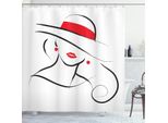 Abakuhaus Tenda Da Doccia Con Labbra, Donna Con Cappello Ritratto Sfondo Bianco Contorno Nero Disegno Al Tratto, 175 X 200 Cm, Grigio Antracite Rosso Cinabro