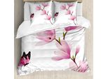Set Copripiumino Abakuhaus Natur, Motivo Floreale Con Fiori Rosa E Farfalle Immagine Fresca Della Stagione Primaverile, 155 X 220 Cm + 80 X 80 Cm, Rosa Marrone Bordeaux