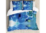 Set Copripiumino Abakuhaus Blume, Orchidee Asiatiche E Fiori Naturali Riflessi Sull'acqua Per Un Rilassante Motivo Primaverile, 155 X 220 Cm + 80 X 80 Cm, Blu