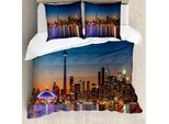 Abakuhaus Set Copripiumino Paesaggio, Tema Urbano Una Vista Panoramica Di Toronto E Dei Grattacieli Al Tramonto Stampa Digitale, 200 X 200 Cm + 80 X 80 Cm, Blu Scuro