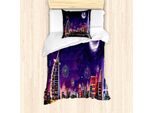 Abakuhaus Set Copripiumino Paesaggio, Illustrazione Della Festa Dell'eid Di Notte A Dubai Con Grattacieli E Fuochi D'artificio, 135 X 200 Cm + 80 X 80 Cm, Viola