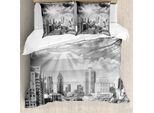 Abakuhaus Set Copripiumino Bianco E Nero, Panorama A Volo D'uccello Di Montreal, Canada, Con Grattacieli, 155 X 220 Cm + 80 X 80 Cm, Bianco, Nero E Grigio