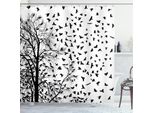 Abakuhaus Tenda Da Doccia Bianca E Nera, Rami Di Betulla, Uccelli In Volo, Stile Silhouette A Tema Autunnale, 175 X 180 Cm, Bianco E Nero