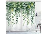 Abakuhaus Tenda Da Doccia Con Foglie Di Eucalipto, Rami Di Fogliame E Fiori Estivi Su Sfondo Marmorizzato Neutro, 175 X 180 Cm, Verde Felce E Giallo Pastello