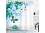 Abakuhaus Tenda Da Doccia Con Motivi Floreali, Tema Naturale Fiori Selvatici Farfalle Monarca Che Volano Giglio Sul Lago Terapia Spa, 175 X 200 Cm, Verde Mandorla
