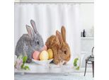 Abakuhaus Tenda Da Doccia Con Coniglietti Pasquali, Foto Di Due Coniglietti Pasquali Grigi E Marroni Con Fiori E Uova Spring Time, 175 X 200 Cm, Multicolore