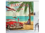 Abakuhaus Tenda Da Doccia Da Viaggio, Havana Cuba Tema Grafico Poster Retrò Con Auto D'epoca Su Spiaggia Tropicale, 175 X 240 Cm, Multicolore