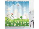 Abakuhaus Tenda Da Doccia Wiese, Primavera Colorata Paesaggio Soleggiato Fiori Farfalle Vista Idilliaca Stampa Caricaturale, 175 X 180 Cm, Multicolore