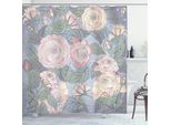 Abakuhaus Tenda Da Doccia Con Motivi Floreali, Disegno Floreale Con Rose Rosa, Foglie E Fiori Sottostanti, 175 X 180 Cm, Blush Ceil Blue