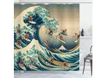 Abakuhaus Tenda Da Doccia Japanese Wave, Surfisti In Stile Asiatico Reinterpretazione Dell'ukiyo E, 175 X 180 Cm, Blu Schiuma Di Mare Colori Guscio D'uovo