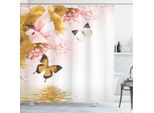 Abakuhaus Tenda Da Doccia Con Motivi Floreali, Tema Naturale Fiori Selvatici Farfalle Monarca Che Volano Giglio Sul Lago Terapia Termale, 175 X 180 Cm, Senape Rosa Cipria
