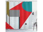 Abakuhaus Anni '90 Tenda Da Doccia, Composizione Astratta Di Arte Moderna Con Forme Geometriche E Illustrazioni, 175 X 200 Cm, Vermiglio Verde Acqua