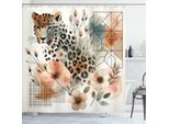 Abakuhaus Tenda Da Doccia Leopard, Stampa Acquerello Con Delicati Fiori Sbocciati E Gatto Della Giungla, 175 X 180 Cm, Pesca Zenzero Grigio Verde Acqua