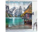 Abakuhaus Tenda Da Doccia Paesaggio, Panorama Autunnale Sul Lago Di Braies, Sul Monte Seekofel Innevato E Su Un Rifugio Nelle Alpi Italiane, 175 X 240 Cm, Multicolore