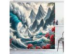 Abakuhaus Tenda Da Doccia Nautica, Barca A Vela Contro Le Onde Che Si Infrangono In Un Mare Esotico Fiori Montagne, 175 X 220 Cm, Blu Cadetto Rosa Scuro