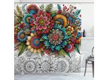 Abakuhaus Tenda Da Doccia Moderna, Illustrazione Colorata Di Fiori Orientali Con Foglie Verdi, 175 X 200 Cm, Grigio Chiaro Multicolore