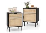 Costway Set Di 2 Comodini In Polyrattan, Comodino Con Cassetto E Armadietto, Tavolino Da Divano Console Da Letto In Stile Boho 45X30X59Cm Nero