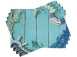 Abakuhaus Tovagliette Nautiche, Tema Mare Libertà Marittima Stella Marina Ancora Corda Sfondo In Legno Motivo Fotografico, 30 X 45 Cm, Turchese Blu Navy