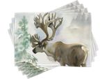 Tovagliette Abakuhaus Con Corna Di Alce, Alce In Inverno, Foresta Selvaggia, Renna, Tema Natalizio, Stile Acquerello, 30 X 45 Cm, Beige E Verde